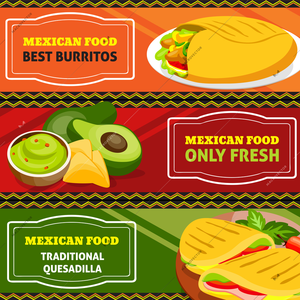 Mexican food horizontal banners set of traditional burritos and quesadilla with vegetables isolated vector illustration