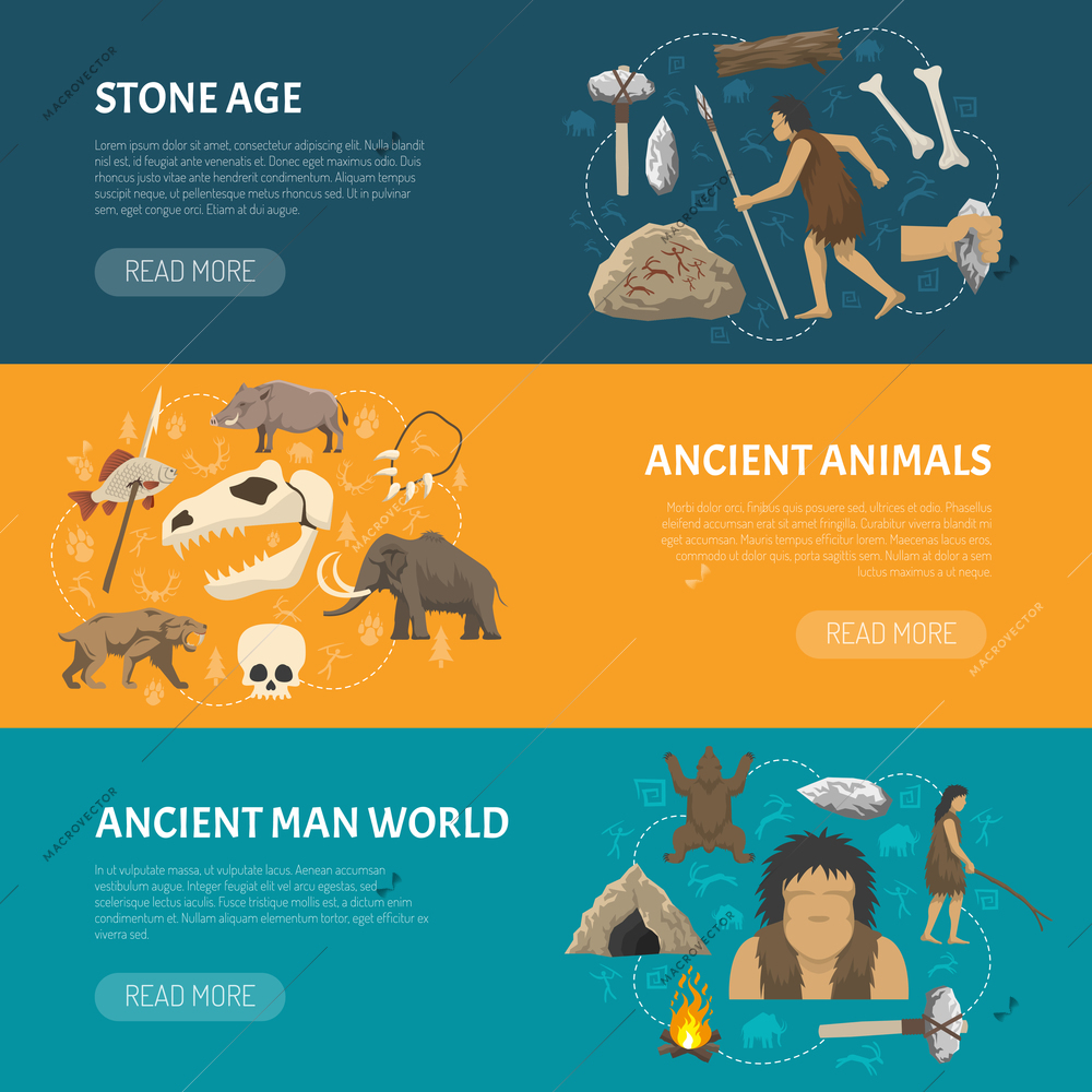 Horizontal banners about life ancient man and animals in prehistoric stone age isolated vector illustration