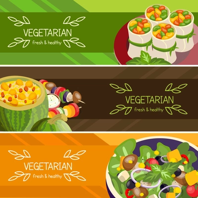 Vegetarian food horizontal banners set of fresh and healthy dishes with mushrooms and beans isolated vector illustration