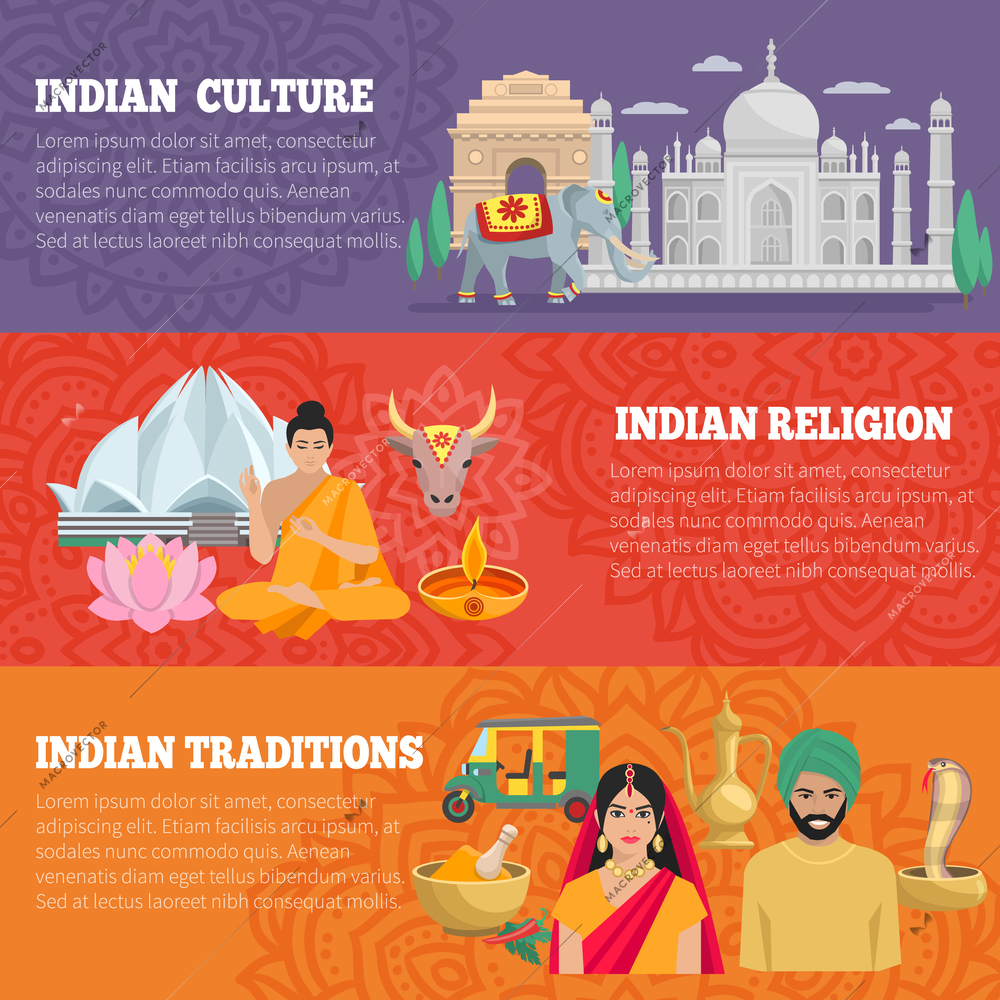 India horizontal banners set with traditions religion and culture isolated vector illustration