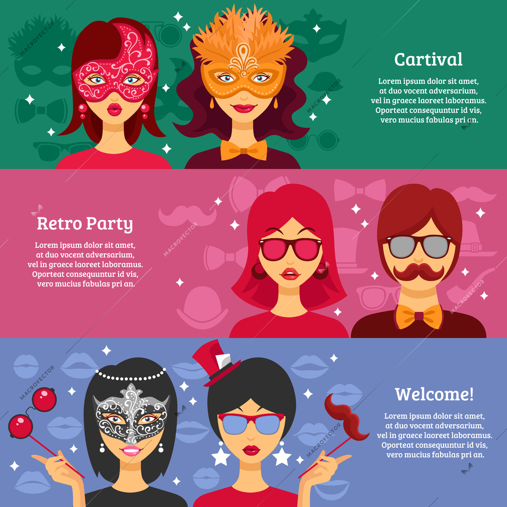 Three horizontal banners for retro party and carnival advertising with people in decorative masks and masquerade attributes elements flat vector illustration