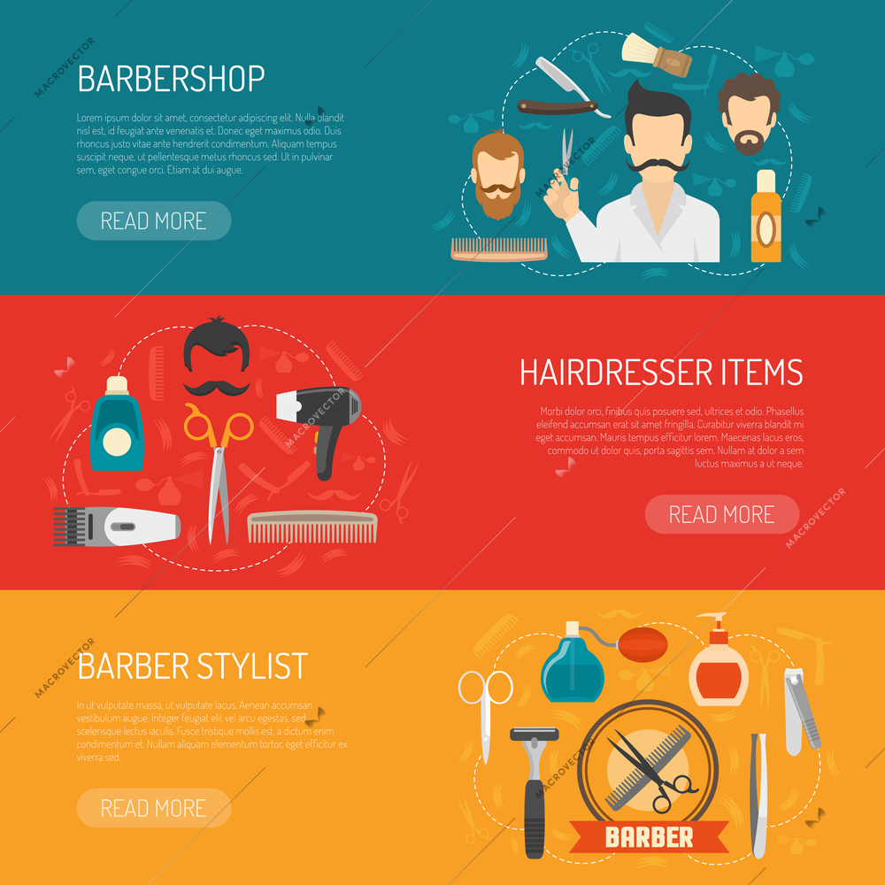 Horizontal banner with title and information about barbershop hairdresser items barber stylist isolated vector illustration