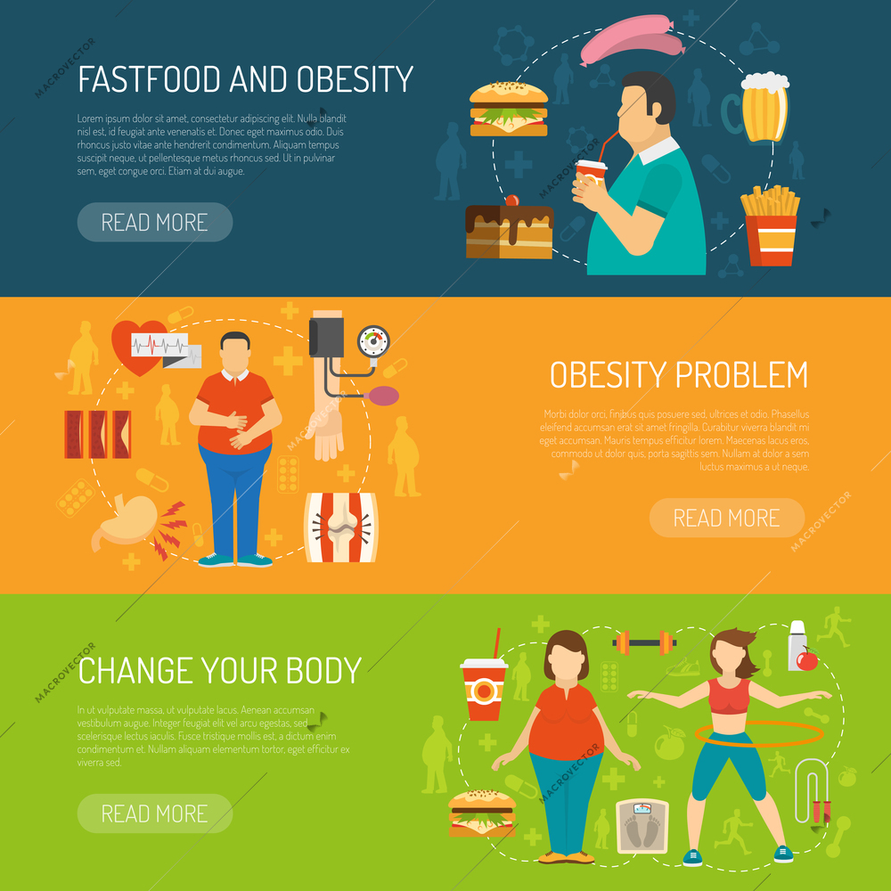 Horizontal color banners with information about fastfood obesity problem and health recommendation vector illustration