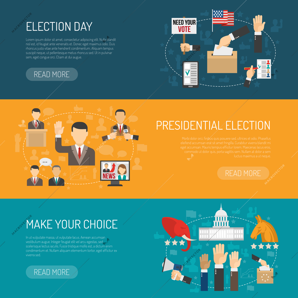 Horizontal color banner depicting steps of american presidential elections isolated vector illustration