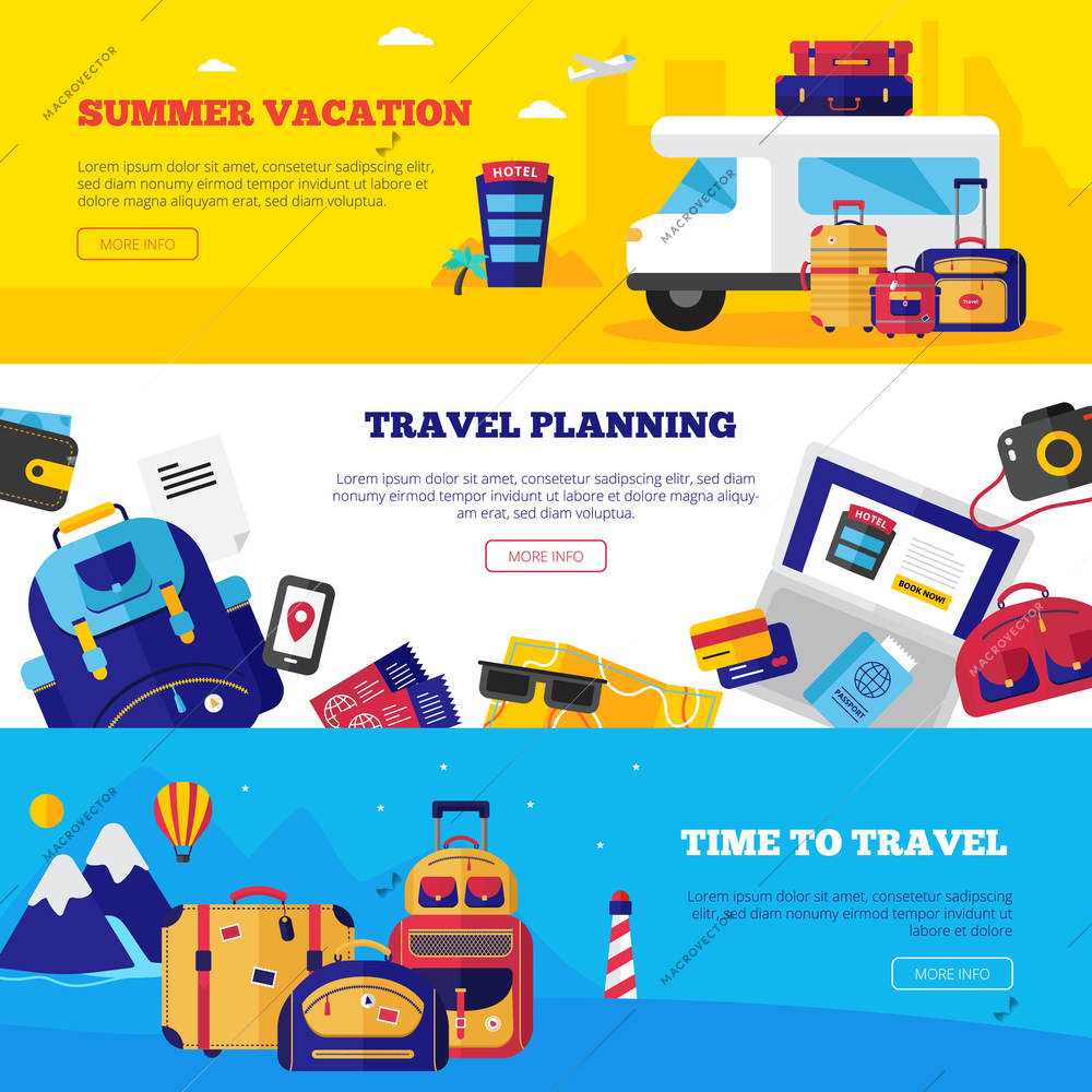 Horizontal travel banner set with various aspects of vacation vector illustration