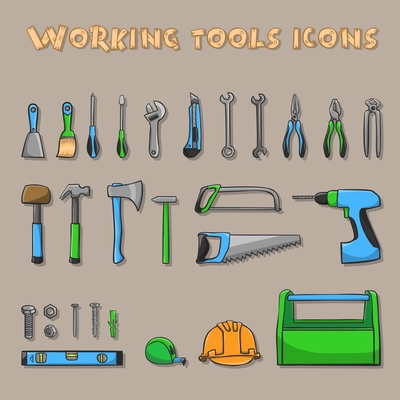 A collection of decorative construction or carpenter tool icons set on beige background vector illustration