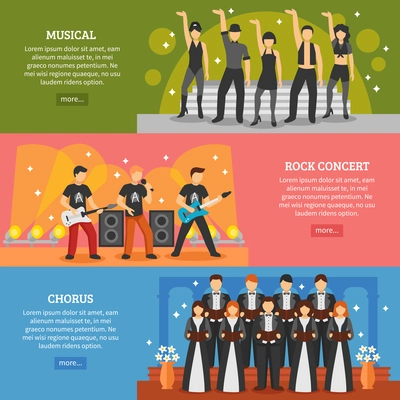 Theatre horizontal banners set of popular music performance with musical chorus rock actors flat vector illustration