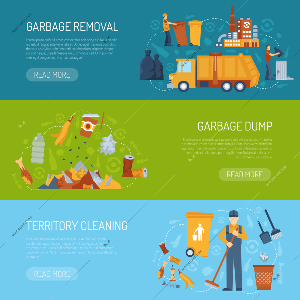 Horizontal color banner with information about territory cleaning garbage dump and removal vector illustration