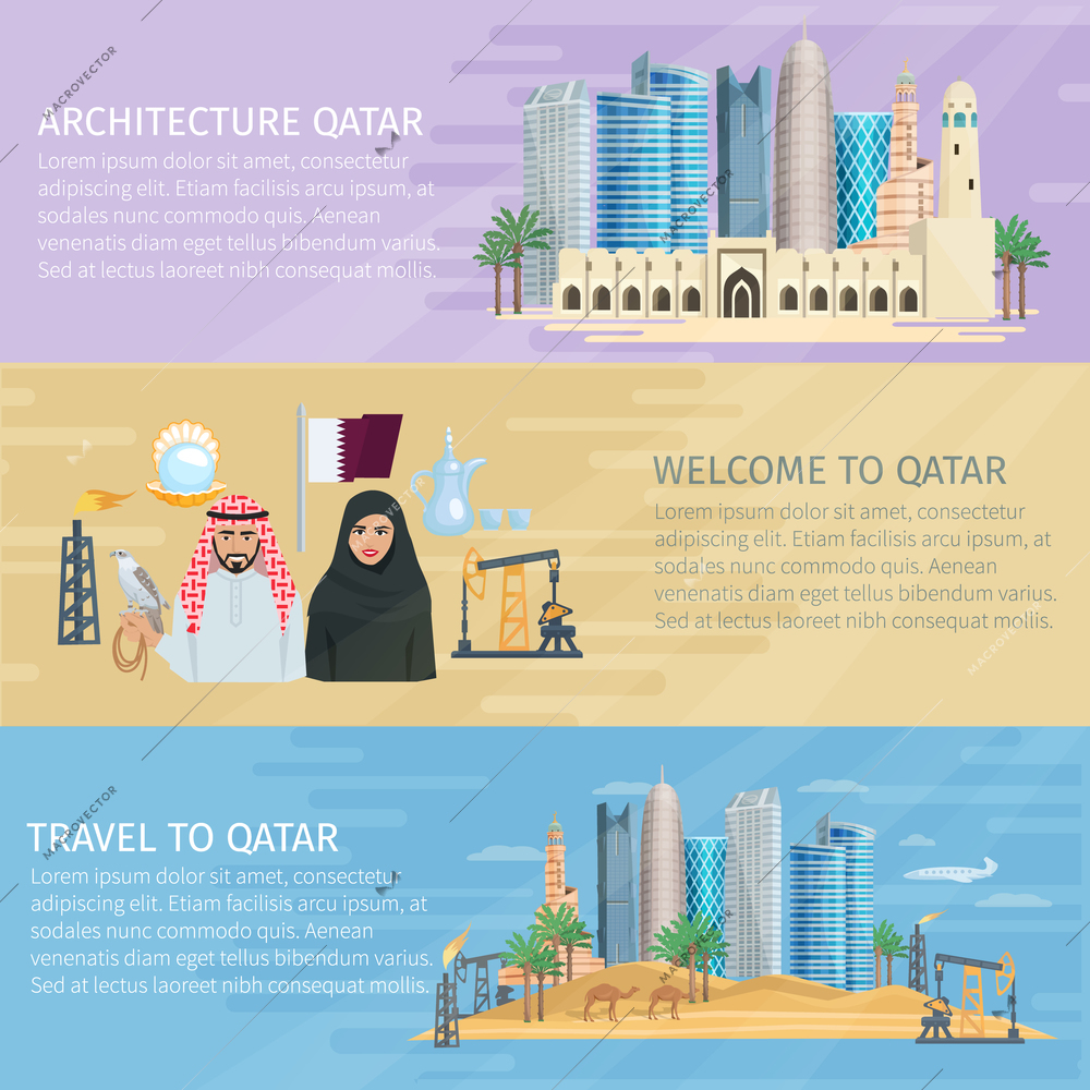 Qatar horizontal banner set with national landscapes and people in costumes on the sand background vector illustration