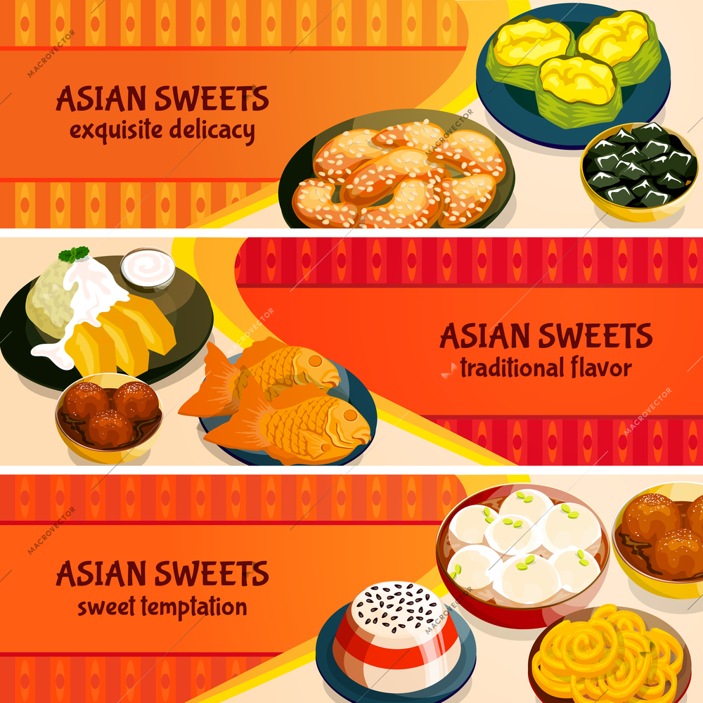Asian sweets horizontal banners set with traditional flavor of exquisite delicacies isolated vector illustration