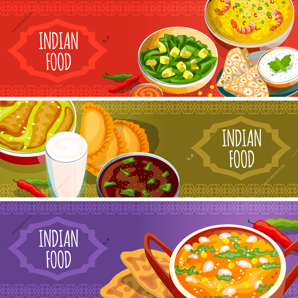 Indian food horizontal banners set with national dishes sauces and beverages isolated vector illustration