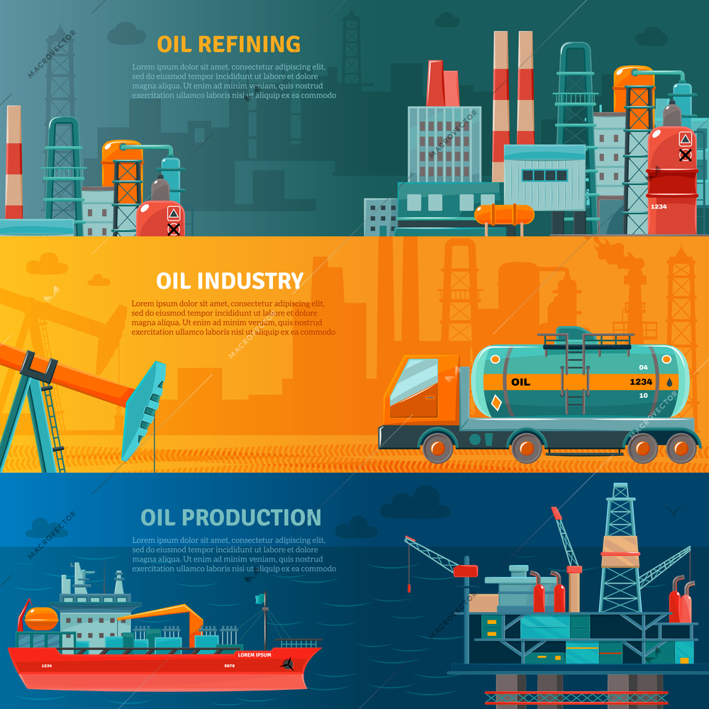 Oil industry horizontal banners set with production refining and transportation isolated vector illustration