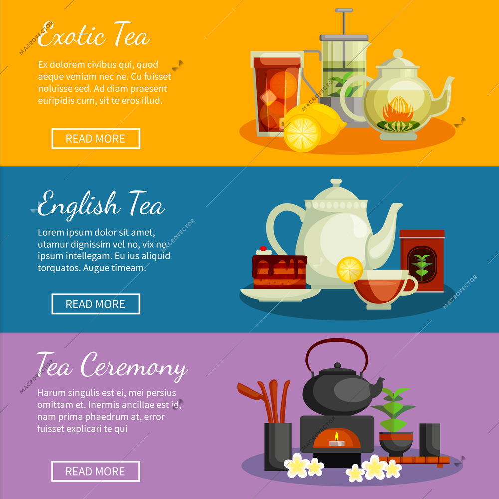 Tea horizontal banners set with English and exotic tea symbols flat isolated vector illustration