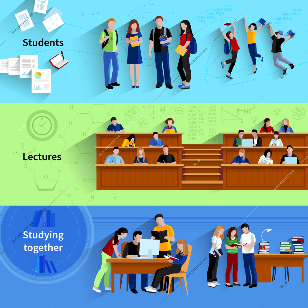 People at university flat horizontal banners with students studying together sitting in auditorium and happy jumping after exam vector illustration