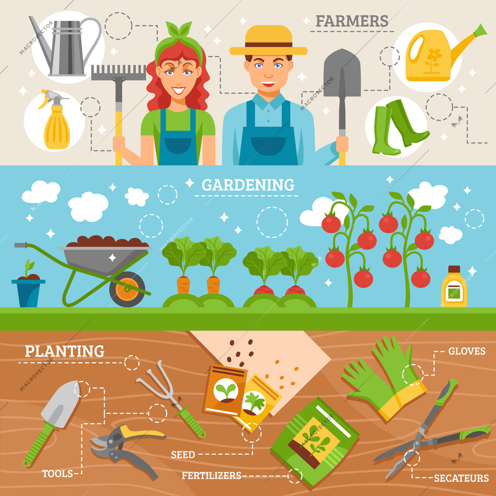 Farmers preparing garden for planting 3 flat horizontal banners set with tools and seeds abstract isolated vector illustration