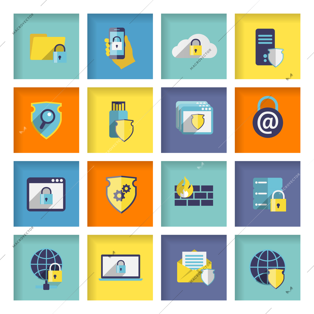 Information technology security flat icons set of cloud network connection firewall isolated vector illustration