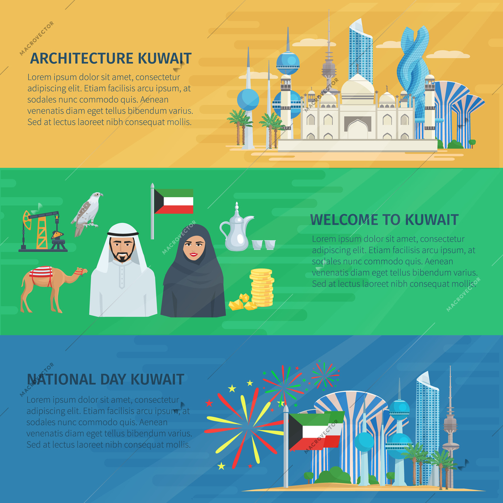 Kuwait banner horizontal set with national architecture symbols nature and sightseeings vector illustration