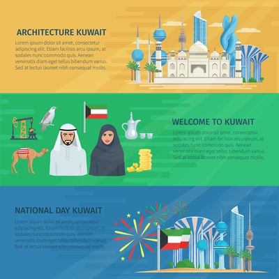 Kuwait banner horizontal set with national architecture symbols nature and sightseeings vector illustration