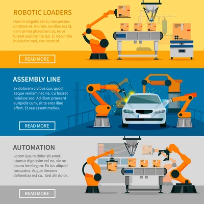 Automation horizontal banners set with assembly line and robotic loaders symbols flat isolated vector illustration