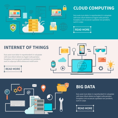 Information technologies horizontal banners set with cloud computing internet and data protection isolated vector illustration