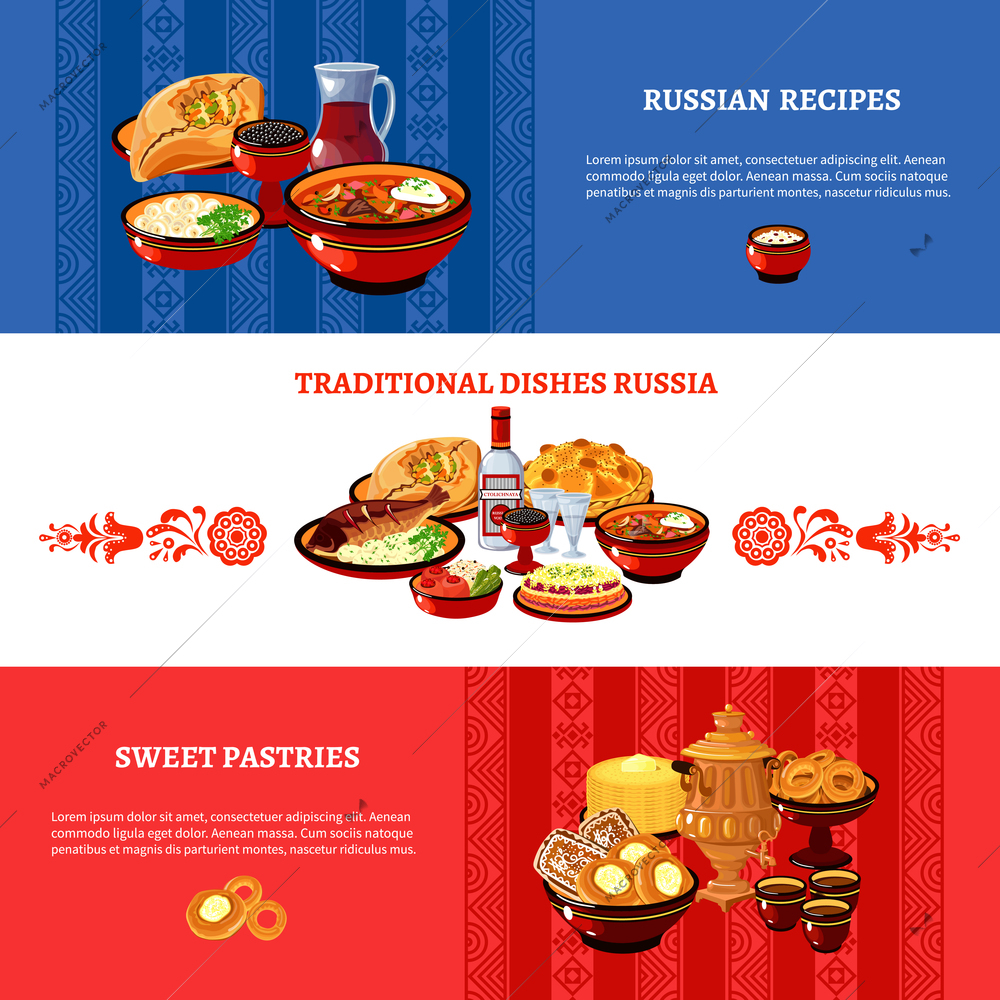 Russian cuisine flat national flag colors horizontal banners set with traditional dishes and pastry recipes abstract vector illustration