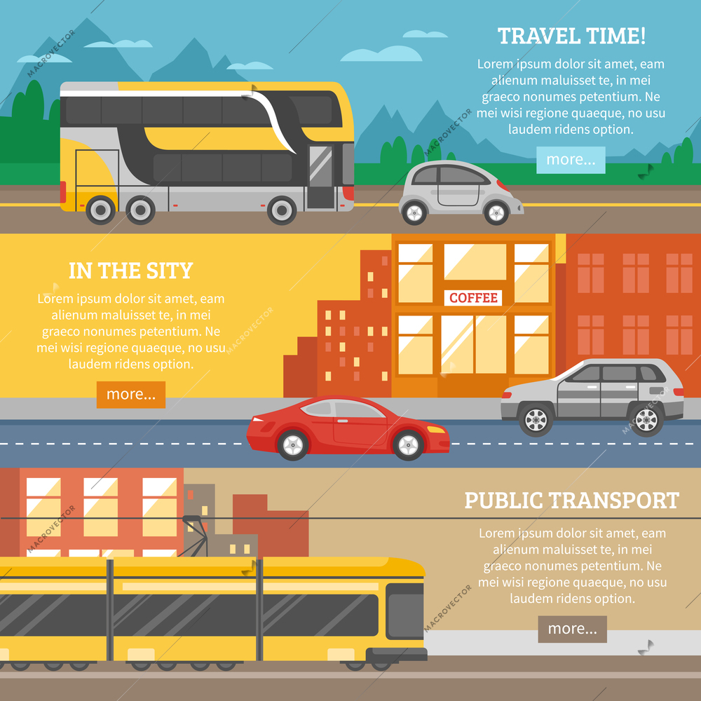 Transport for city and travel banners with tram cars building highway roads mountain landscape isolated vector illustration