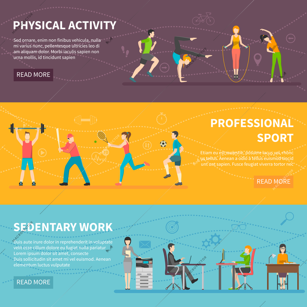 Set of horizontal color banners about different physical activity from professional sport to sedentary work detector vector illustration