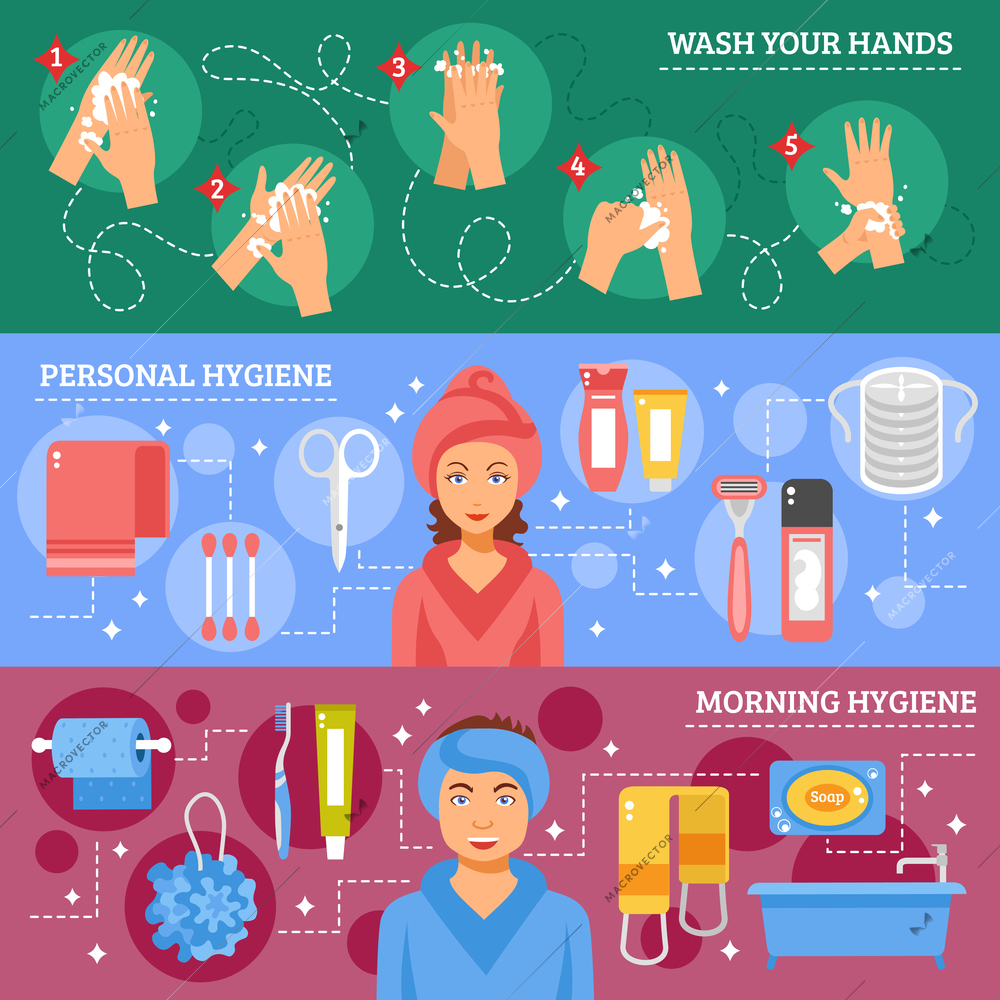 Morning personal hygiene and hands washing procedure inforaphic elements 3 flat banners set abstract isolated vector illustration