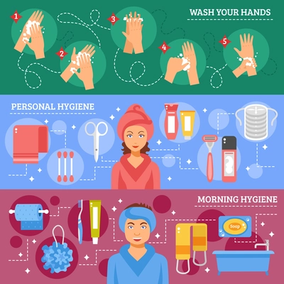 Morning personal hygiene and hands washing procedure inforaphic elements 3 flat banners set abstract isolated vector illustration