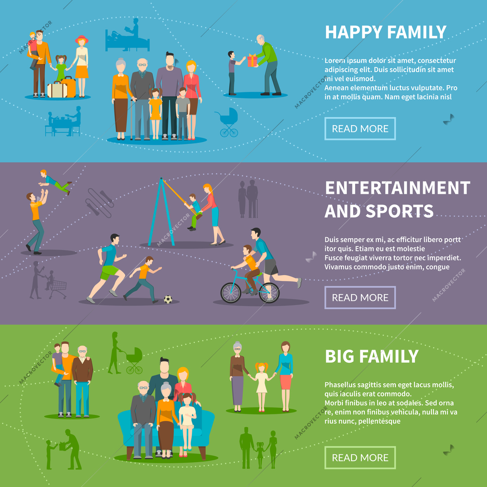 Color flat horizontal banners about big happy family and their activities sports entertainment vector illustration