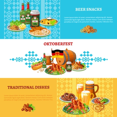 German traditional world largest folk festival ortoberfest 3 flat banners set with beer and snacks abstract vector illustration