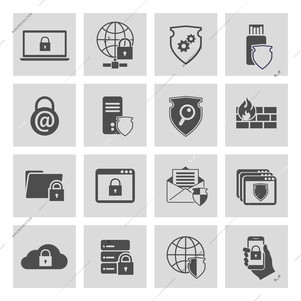 Information technology security pictograms collection of computer and online safety isolated vector illustration