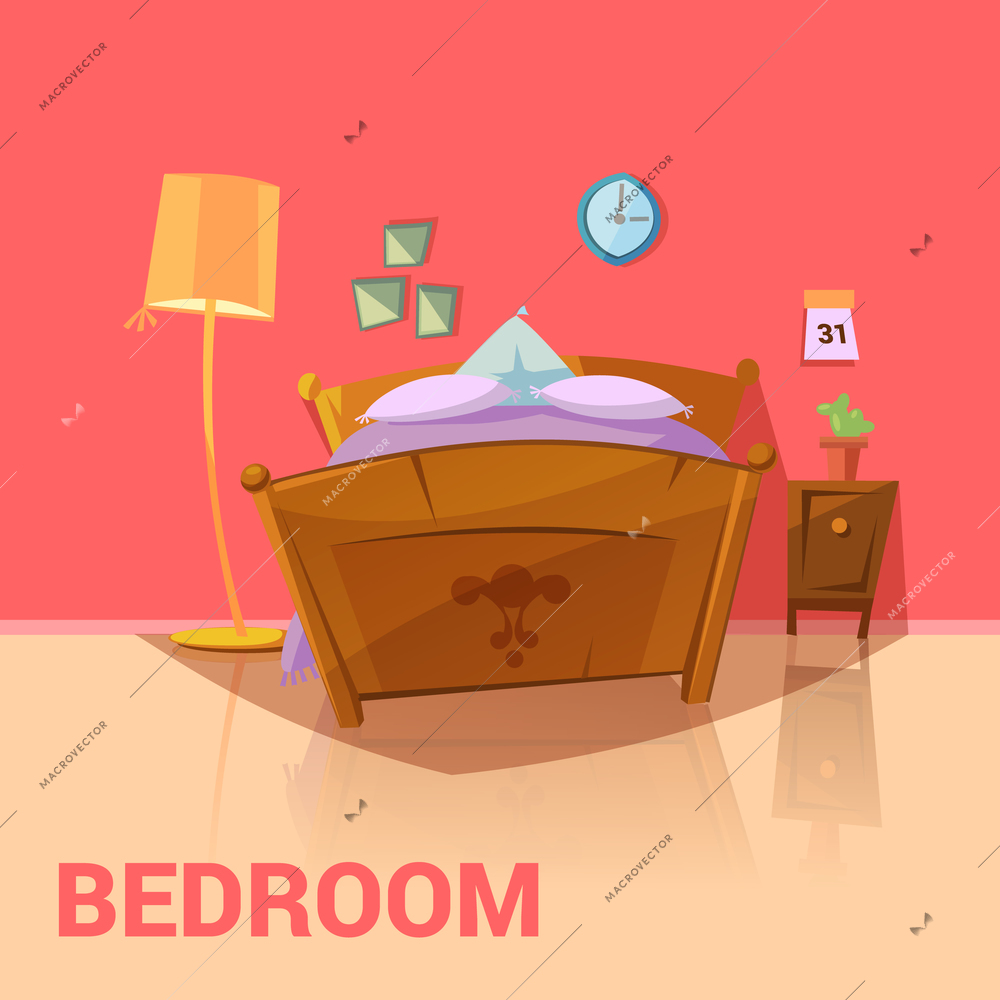 Bedroom retro design with bed picture calendar and lamp cartoon vector illustration