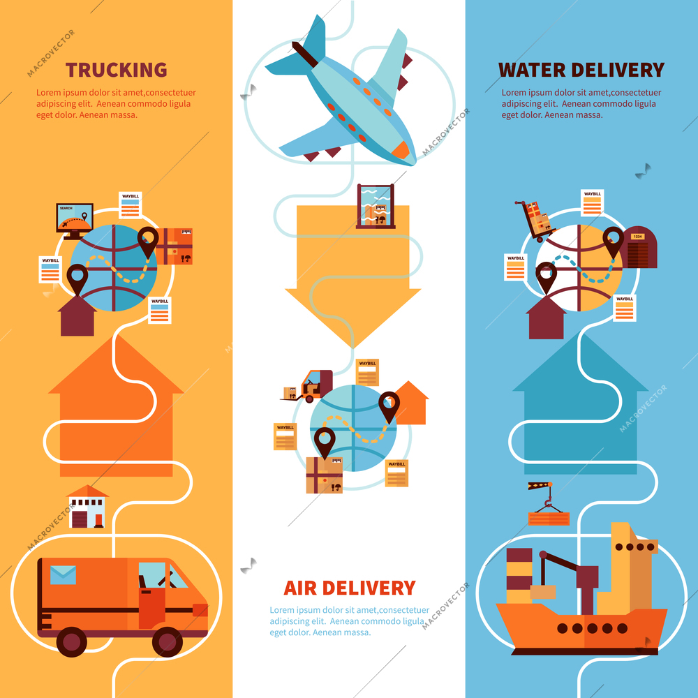 Logistics vertical flat banners set of trucking by earth air and water delivery design compositions vector illustration