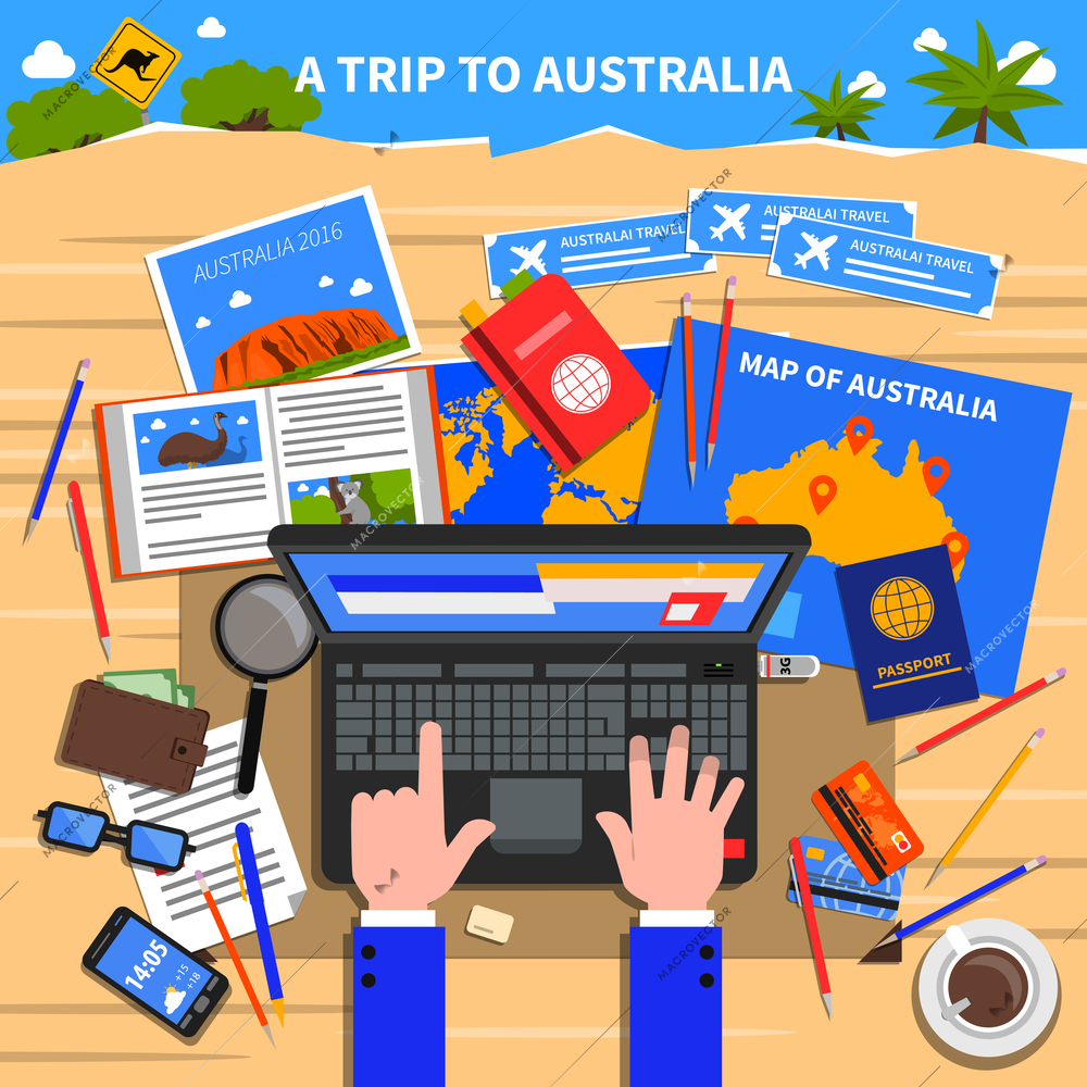 Trip to Australia concept with planning and calculating expenses symbols flat vector illustration