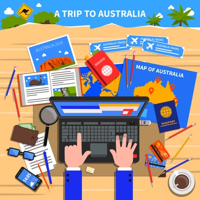 Trip to Australia concept with planning and calculating expenses symbols flat vector illustration