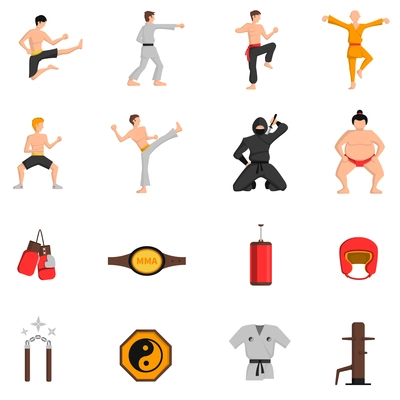 Martial arts icons set with boxing and judo symbols flat isolated vector illustration