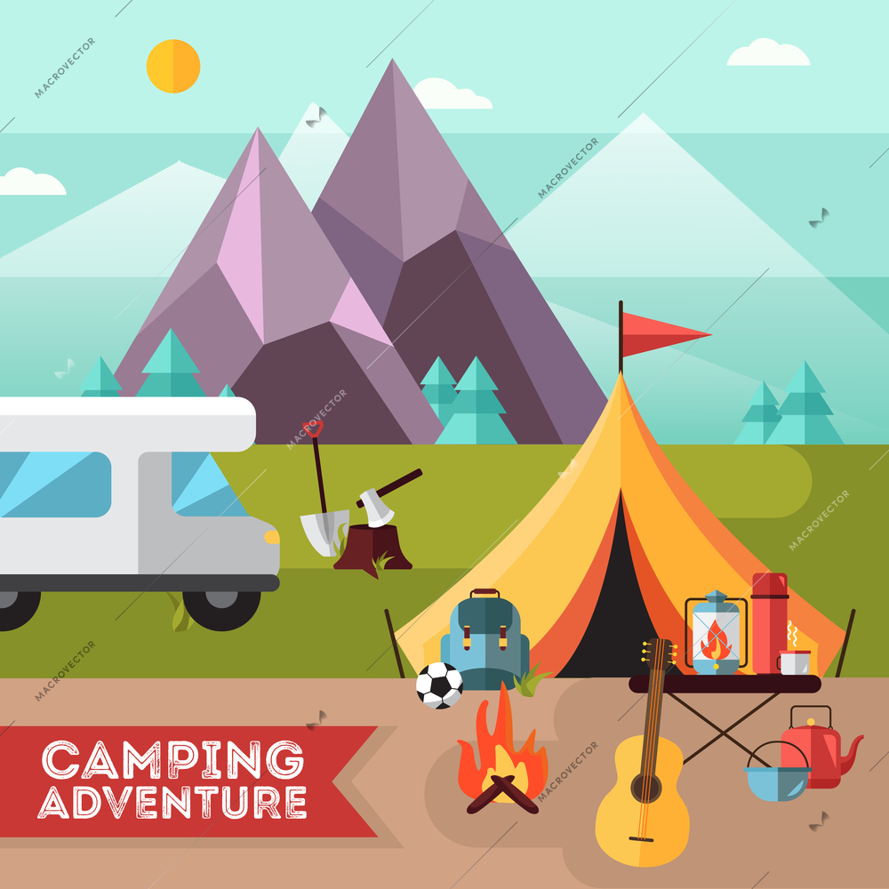 Camping and hiking adventure flat poster with tent guitar and snowy mountains peaks background abstract vector illustration