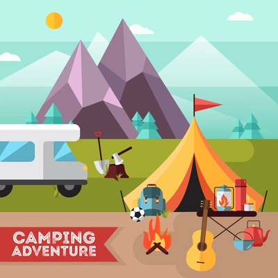 Camping and hiking adventure flat poster with tent guitar and snowy mountains peaks background abstract vector illustration