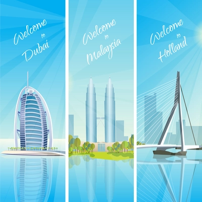 Modern cityscapes 3 vertical banners travel poster with kuala lumpur twin towers and rotterdam harbor vector illustration