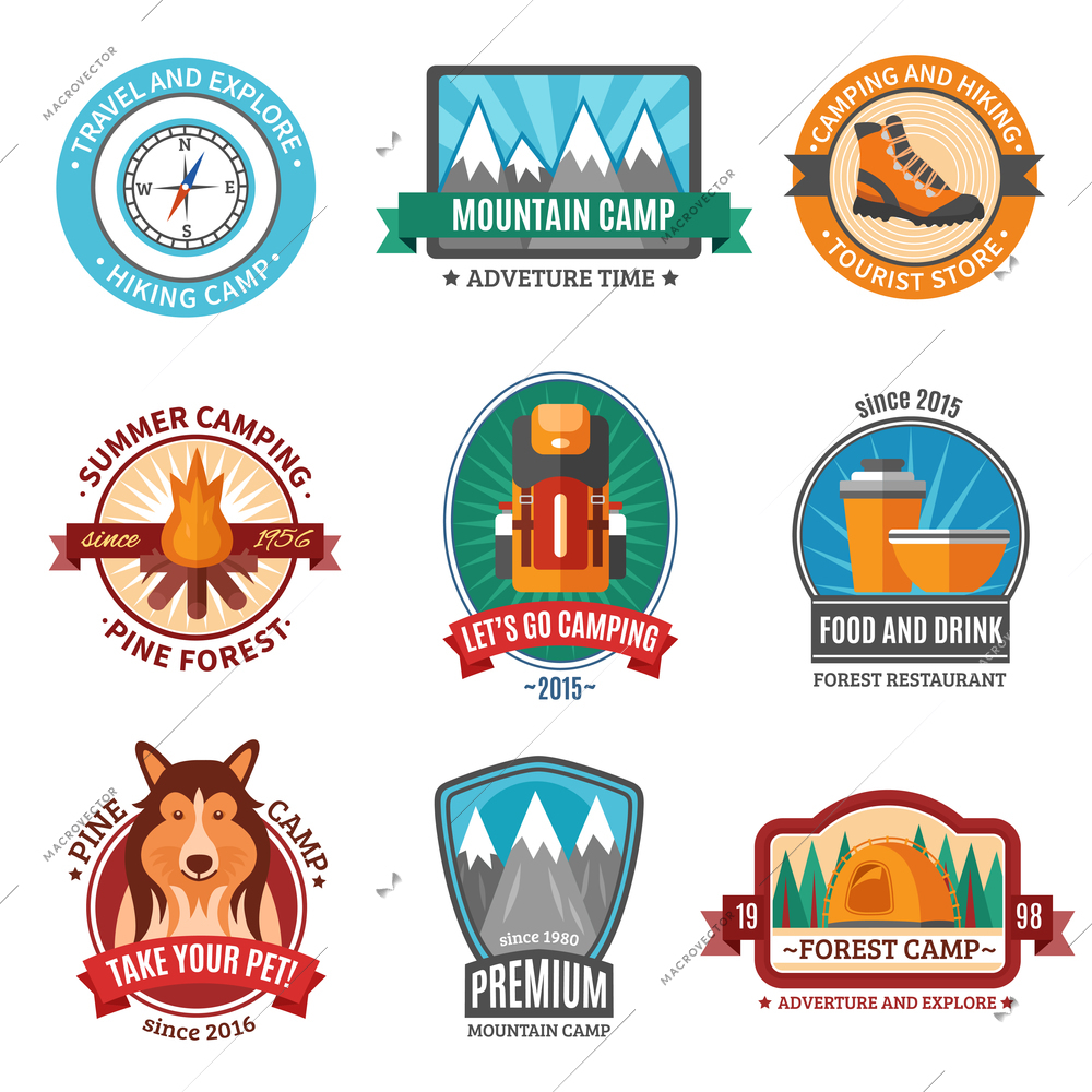 Hiking emblem set with flat mountain camp symbols isolated vector illustration