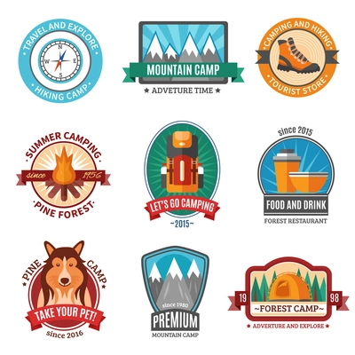 Hiking emblem set with flat mountain camp symbols isolated vector illustration