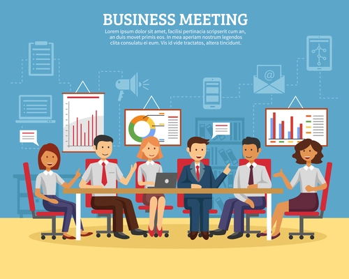 Business meeting concept with people chatting in conference room flat vector illustration