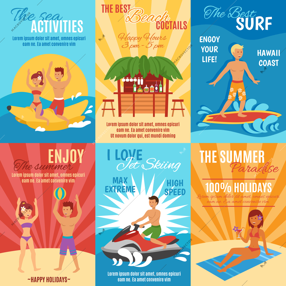 Summer beach vacation mini poster set with sport and leisure activities isolated vector illustration