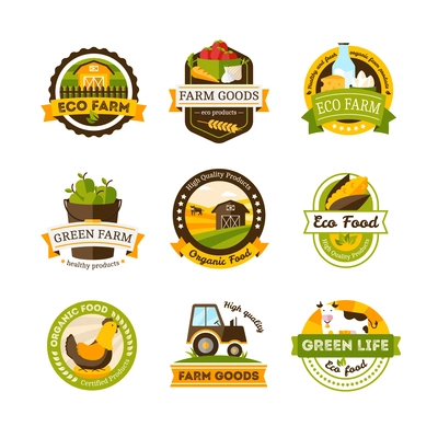 Set of isolated organic food farm emblems or labels set on white background vector illustration