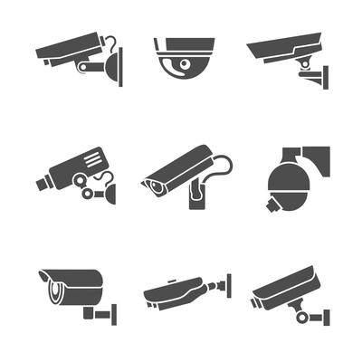 Video surveillance security cameras graphic pictograms set isolated vector illustration