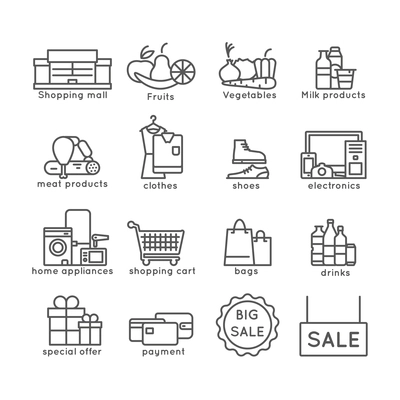 Shopping flat line icons set with sale offer and payment symbols isolated vector illustration