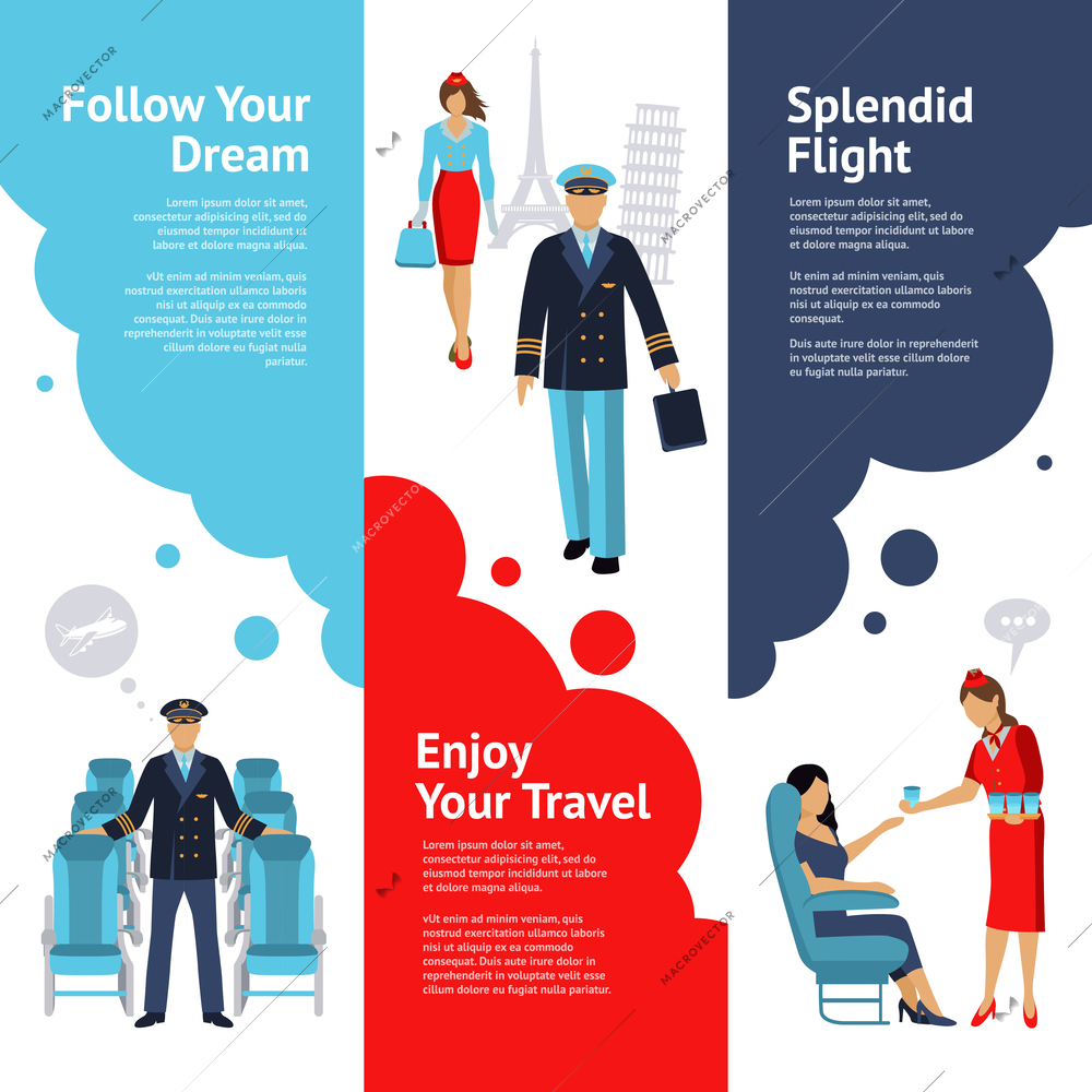 Stewardess and pilot vertical banners set with flight comfort symbols flat isolated vector illustration