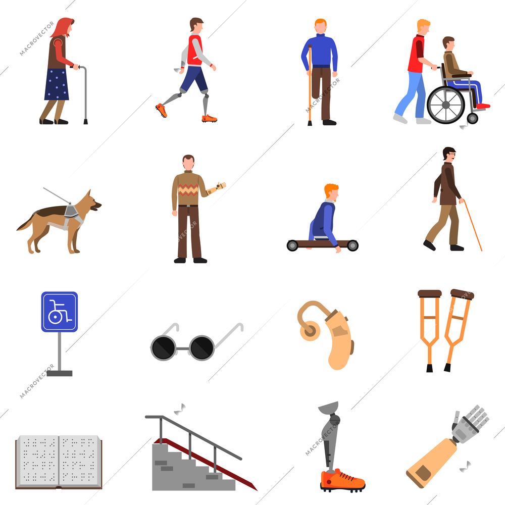 Disabled people signs and accessories flat icons set with guide dog and wheelchair abstract isolated vector illustration