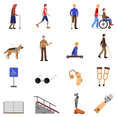 Disabled people signs and accessories flat icons set with guide dog and wheelchair abstract isolated vector illustration